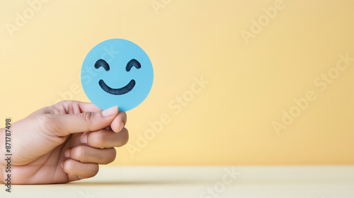 Hand Holding Smiley Face Cutout. Positive Emotion Symbol with Yellow Background