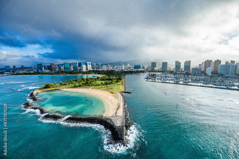 Aerial view of Waikiki Beach with skyline and ocean, Honolulu, United States. Aerial view of Waikiki Beach with skyline and ocean, Honolulu, United States.