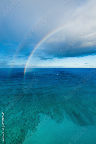 Aerial view of Waikiki Double Rainbows, sailboats, Hawaii, United States.