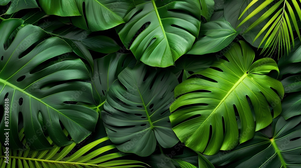 Fototapeta premium Dense rainforest with vines and foliage, vibrant greenery, black background