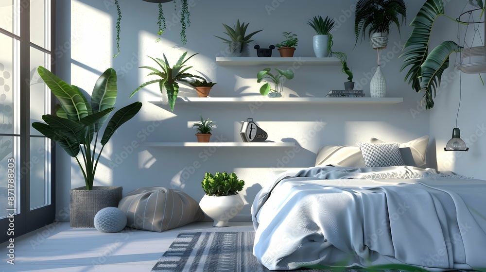 minimalist bedroom with houseplants on floating shelves minimalist bedroom with houseplants on floating shelves