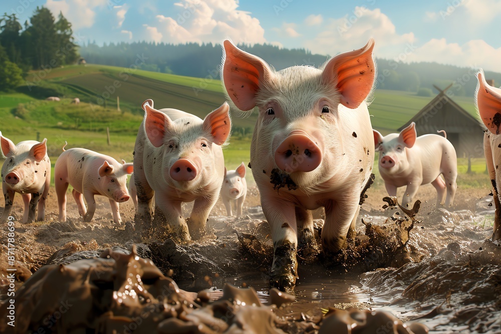 A wallpaper capturing a group of pigs playing in a mud pit on a sunny day A wallpaper capturing a group of pigs playing in a mud pit on a sunny day