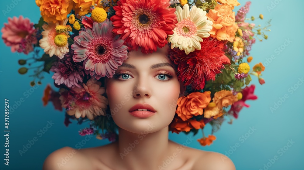 A woman with a flower headdress on her head. The flowers are in various colors and are arranged in a way that covers her face. Scene is bright and cheerful, as the flowers are vibrant and colorful A woman with a flower headdress on her head. The flowers are in various colors and are arranged in a way that covers her face. Scene is bright and cheerful, as the flowers are vibrant and colorful