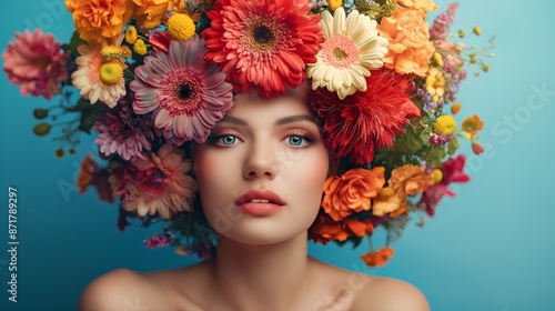 A woman with a flower headdress on her head. The flowers are in various colors and are arranged in a way that covers her face. Scene is bright and cheerful, as the flowers are vibrant and colorful © Nataliia_Trushchenko