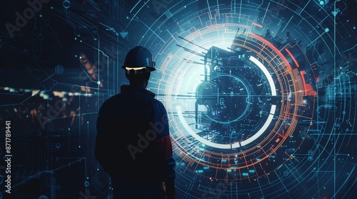 Future of Industry - A silhouette of a worker in a hard hat, standing before a futuristic display of circuit boards and technical designs. It suggests the advancement of technology in the industrial w