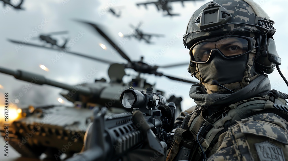 A military scene featuring a soldier with a rifle, standing next to a tank under a sky filled with aircraft A military scene featuring a soldier with a rifle, standing next to a tank under a sky filled with aircraft