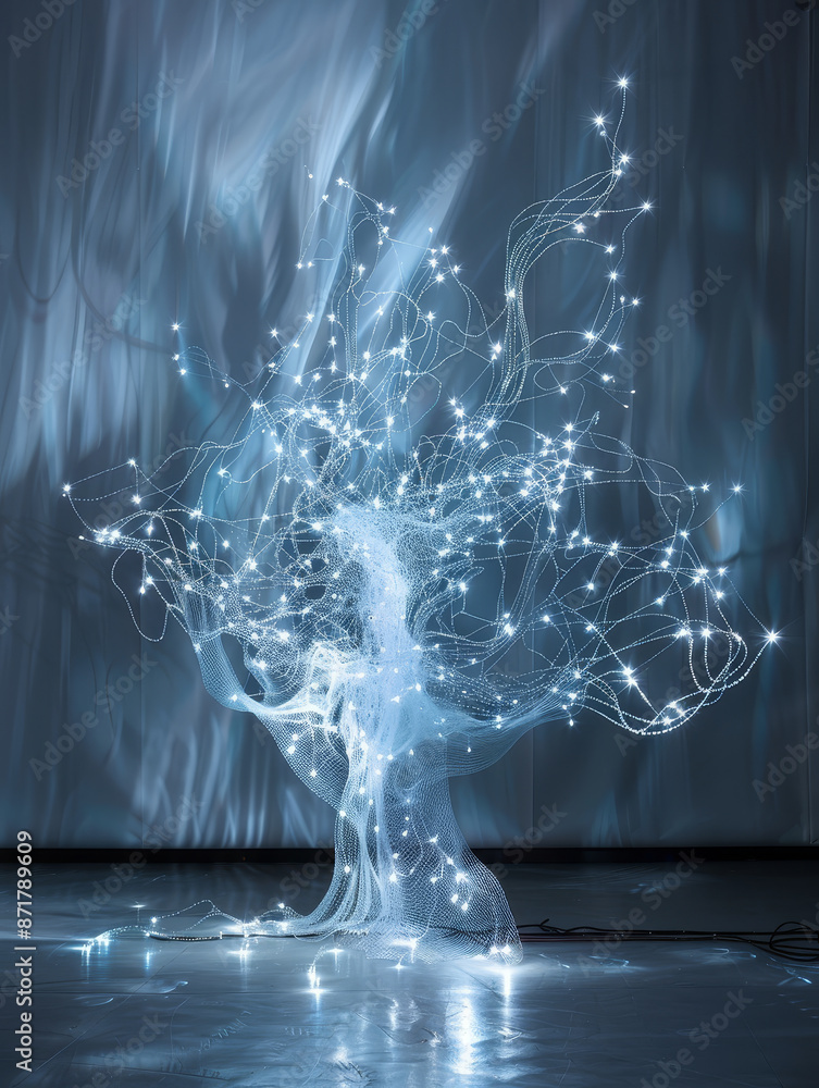 Obraz premium Abstract Light Installation Tree - A captivating abstract light installation resembling a tree with glowing branches. The artwork features a network of intertwining wires with lights, creating a mesme