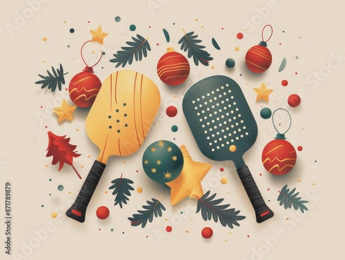 Festive pickleball paddles surrounded by Christmas ornaments, stars, and leaves on a beige background.