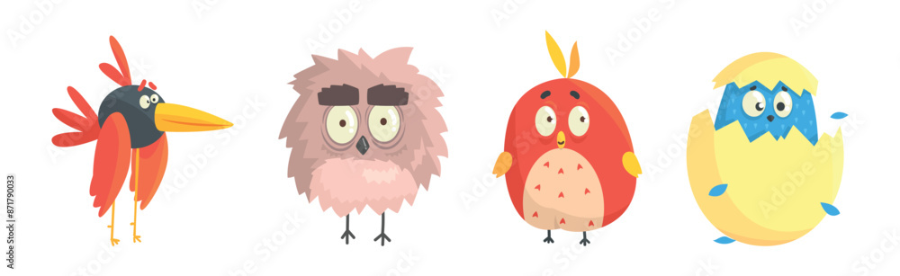 Funny Bird Comic Flying Creature with Big Eyes Vector Set Funny Bird Comic Flying Creature with Big Eyes Vector Set