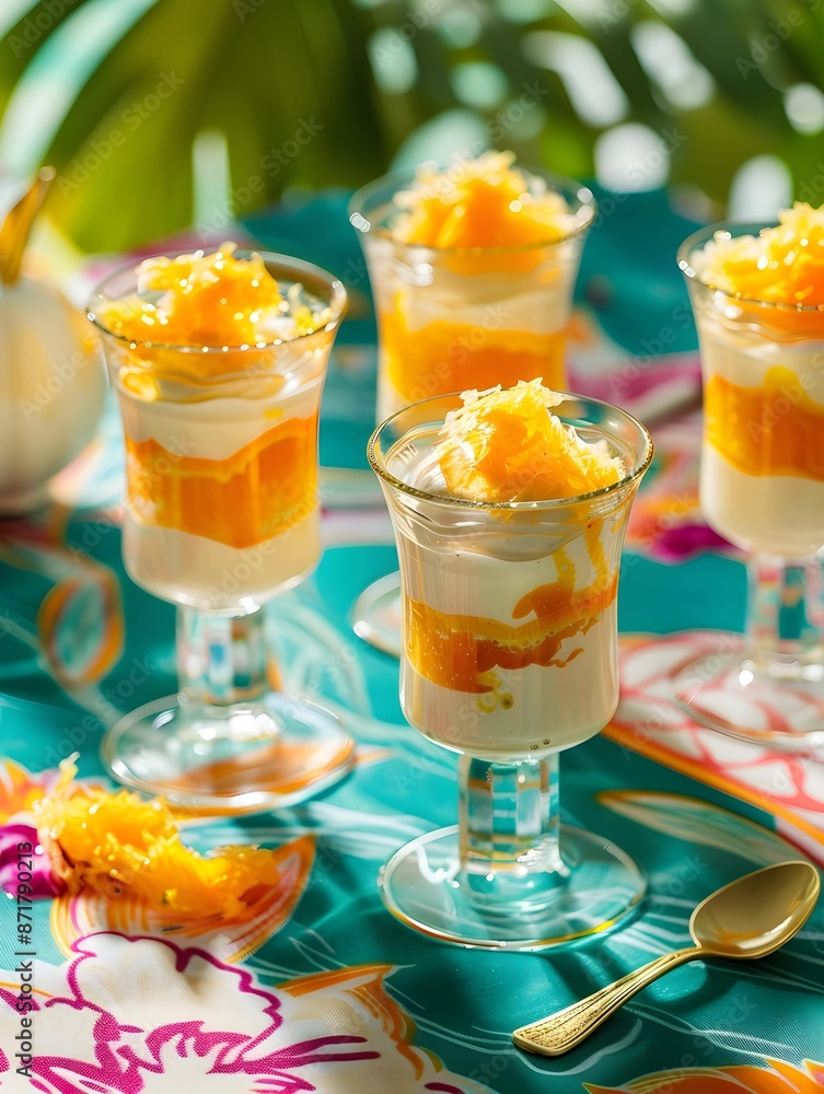 orange mousse in tall glass jars on a bright tablecloth orange mousse in tall glass jars on a bright tablecloth