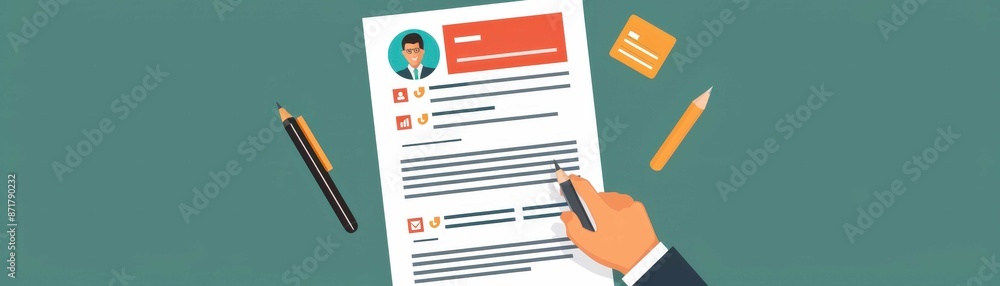 Illustration of a professional resume being reviewed. Includes pen, pencil, and business card. Ideal for job search or hiring concept. Illustration of a professional resume being reviewed. Includes pen, pencil, and business card. Ideal for job search or hiring concept.