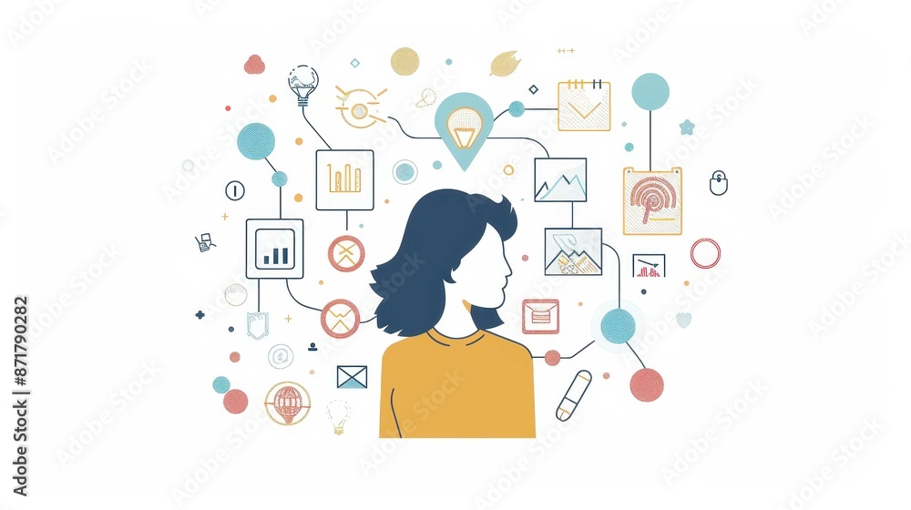 Illustration of a woman with various icons and diagrams representing data and analytics. Creative concept for business and technology. Illustration of a woman with various icons and diagrams representing data and analytics. Creative concept for business and technology.