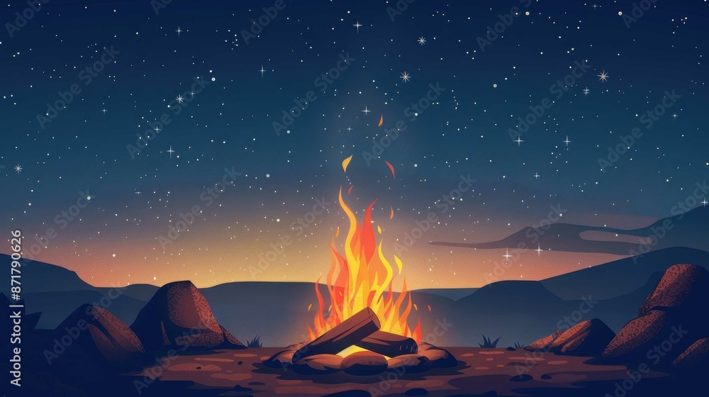Warm campfire under starry night sky in remote wilderness, with scenic mountain view in the background. Perfect for outdoor adventure themes. Warm campfire under starry night sky in remote wilderness, with scenic mountain view in the background. Perfect for outdoor adventure themes.