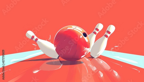 Vibrant bowling illustration featuring a striking red ball hitting white pins on a bold, colorful background.
