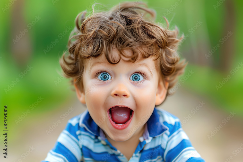 Joyful Toddler with Bright Blue Eyes Expressing Surprise and Excitement Outdoors Joyful Toddler with Bright Blue Eyes Expressing Surprise and Excitement Outdoors
