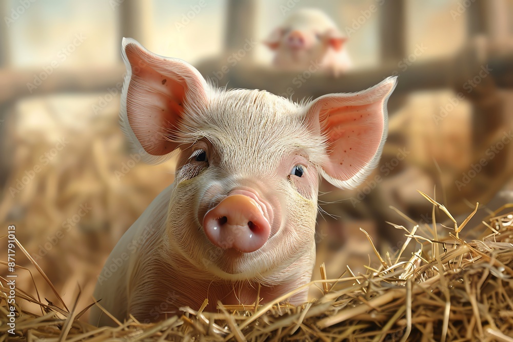 A wallpaper featuring a piglet playing in a hayfilled pen, with a farmer smiling in the background A wallpaper featuring a piglet playing in a hayfilled pen, with a farmer smiling in the background