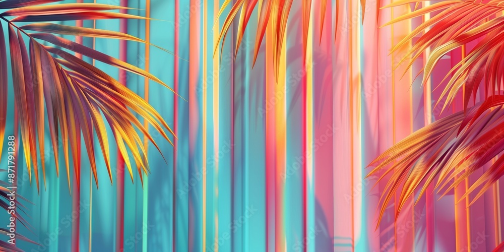 Abstract background with palm leaves and multicolored vertical stripes, bright colors, modern style. Abstract background with palm leaves and multicolored vertical stripes, bright colors, modern style.