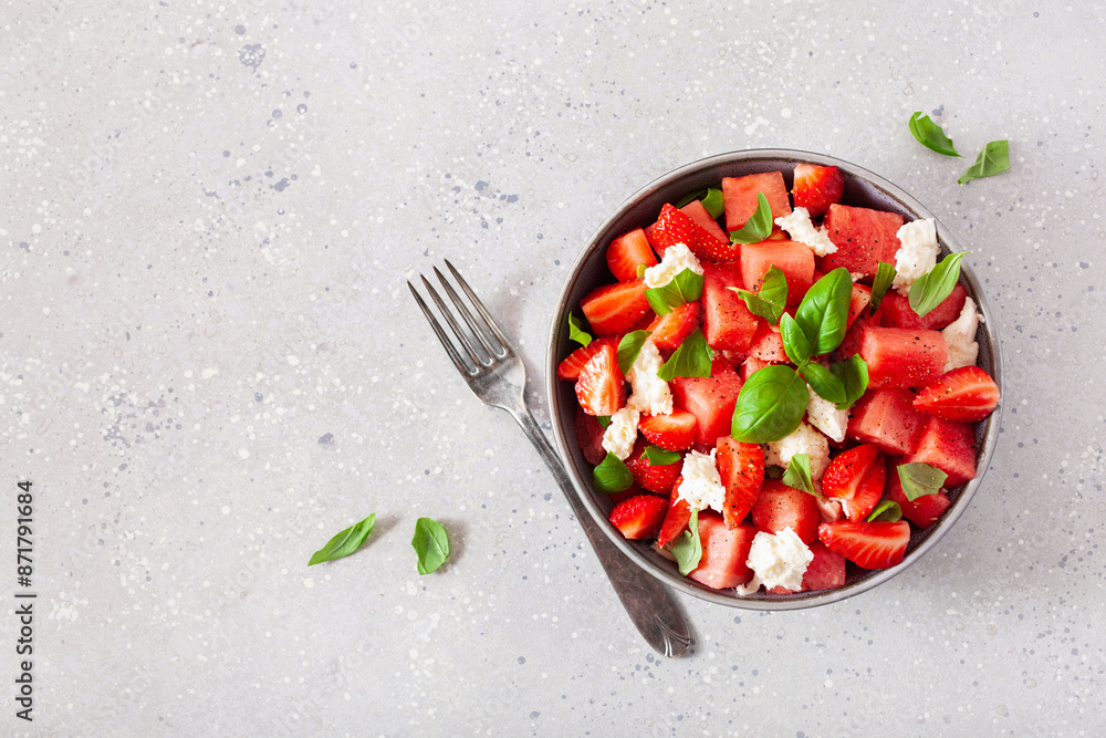 watermelon salad with strawberry mozzarella cheese basil. healthy summer dessert watermelon salad with strawberry mozzarella cheese basil. healthy summer dessert