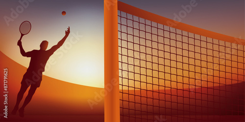 Concept de la victoire avec une action de jeu dans un match de tennis, avec un joueur qui s’élance pour frapper la balle lors d’un service gagnant.