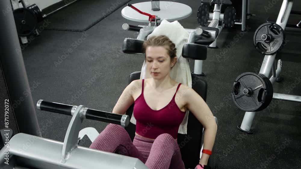 A young, athletic woman does a leg press on a machine in the gym, an exercise for training her legs. Camera movement, selective focus. A young, athletic woman does a leg press on a machine in the gym, an exercise for training her legs. Camera movement, selective focus.