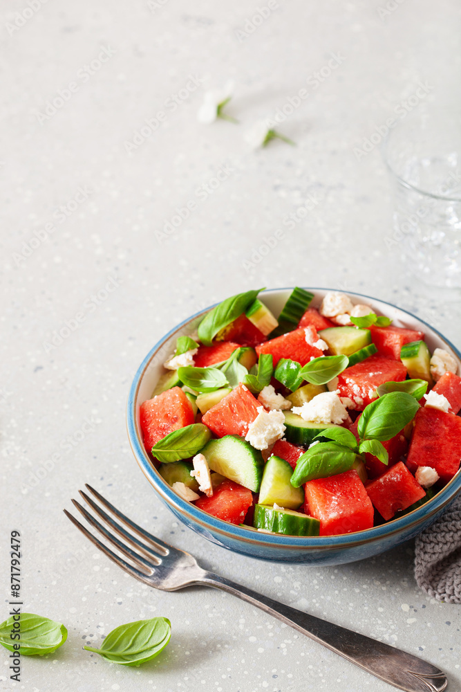watermelon salad with feta cheese, cucumber and basil. healthy summer dessert watermelon salad with feta cheese, cucumber and basil. healthy summer dessert