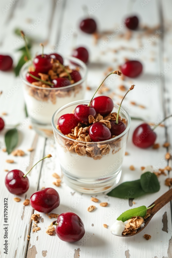 Two glasses of fruit yogurt with cherries on top. The cherries are scattered around the table Two glasses of fruit yogurt with cherries on top. The cherries are scattered around the table