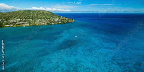 Aerial view of Portlock Reef with boat, Hawaii, United States. photo