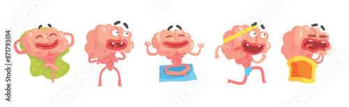 Funny Brain Character Engaged in Different Activity Vector Set