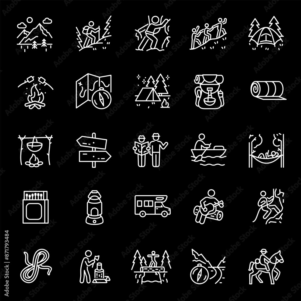 Camping and hiking, white line icons. Outdoor leisure and overnight gear. adventure and nature themes. Symbols on black background. Editable stroke. Camping and hiking, white line icons. Outdoor leisure and overnight gear. adventure and nature themes. Symbols on black background. Editable stroke.