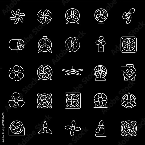 Fans, white line icons. Electric fans, propellers, and cooling systems. Ideal for home appliance and comfort themes. Symbols on black background. Editable stroke.