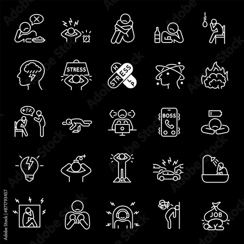 Depression, white line icons. Symbols depicting low mood, sadness, and suicidal thoughts. Essential for mental health and wellness themes. Symbols on black background. Editable stroke.