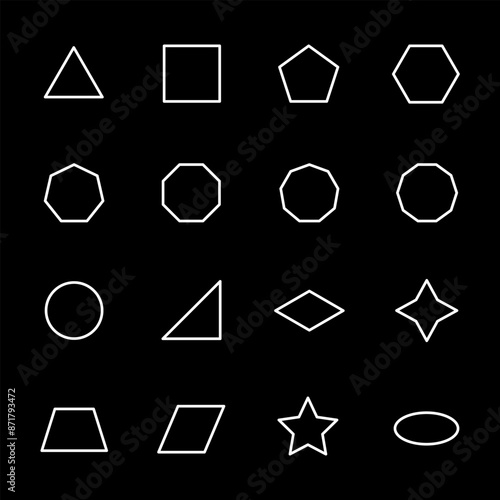 Geometric figures, white line icons. Various shapes and symbols. design and educational themes. Symbols on black background. Editable stroke.