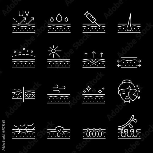 Skin care, white line icons. Care for skin health against cold, wind, and UV rays. Ideal for beauty and wellness themes. Symbols on black background. Editable stroke.