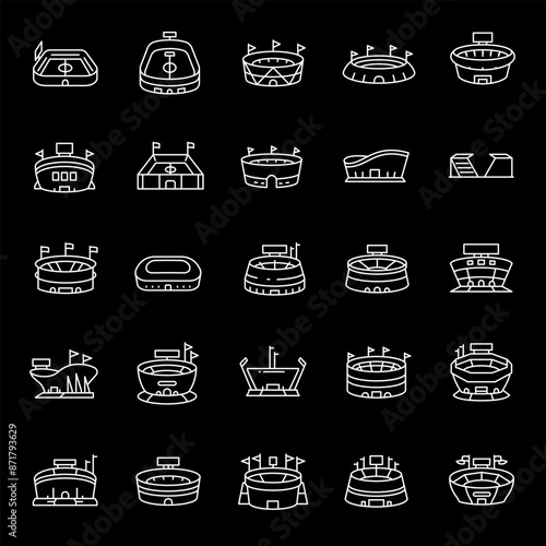 Sports stadiums, white line icons. Stadiums for athletic and sports events. Ideal for sports and entertainment themes. Symbols on black background. Editable stroke.