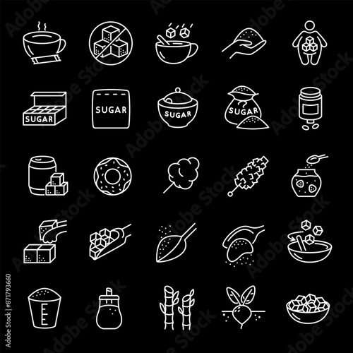 Sugar, white line icons. Production and use of sugar in culinary applications. Essential for food and nutrition themes. Symbols on black background. Editable stroke.