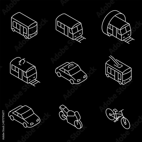Urban transport, white line icons. Public transportation systems, buses and trains. city and infrastructure themes. isometric symbols on black background. Editable stroke.