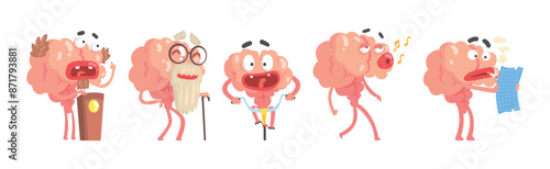 Funny Brain Character Engaged in Different Activity Vector Set