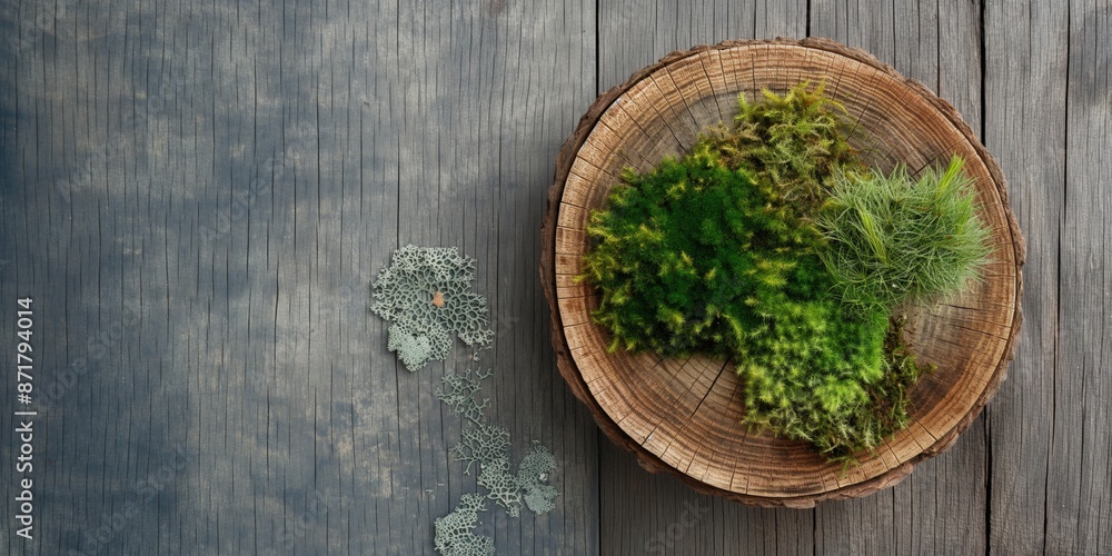 A small plant is growing in a wooden bowl. The plant is surrounded by moss and has a variety of green leaves. Concept of natural beauty and tranquility A small plant is growing in a wooden bowl. The plant is surrounded by moss and has a variety of green leaves. Concept of natural beauty and tranquility