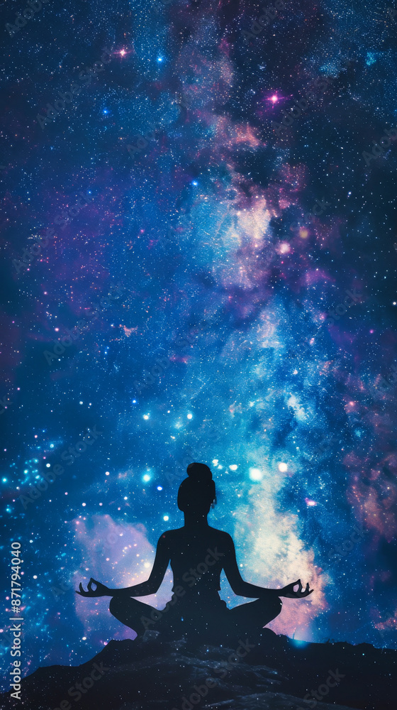 A silhouette of a woman in lotus position meditating with a glowing aura around her, against the backdrop of a night sky full of stars and galaxies A silhouette of a woman in lotus position meditating with a glowing aura around her, against the backdrop of a night sky full of stars and galaxies