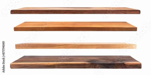 Four shelves made of wood, with the top shelf being the tallest. The shelves are all different heights, with the bottom shelf being the shortest. Concept of organization and order