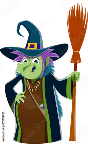 Cartoon Halloween witch character with broom. Isolated vector spooky, sinister woman with smiling face and green skin wear pointed hat and long dress. Hex in magician costume, scary hag personage