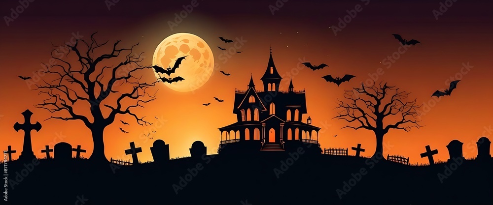 halloween haunted castle, dead trees, scary graveyard, hills, with full moon and orange sky in the background. suitable for posters, flyers, banners and backgrounds for Halloween party invitation card halloween haunted castle, dead trees, scary graveyard, hills, with full moon and orange sky in the background. suitable for posters, flyers, banners and backgrounds for Halloween party invitation card
