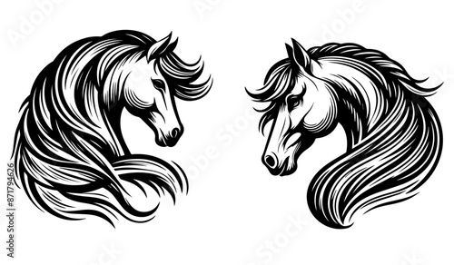 set of horse portraits in line art style black and white vectro graphics