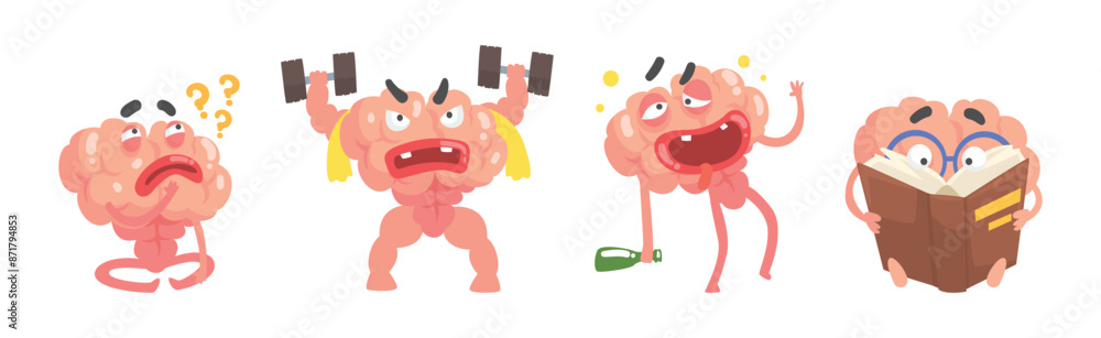 Funny Brain Character Engaged in Different Activity Vector Set Stock ...