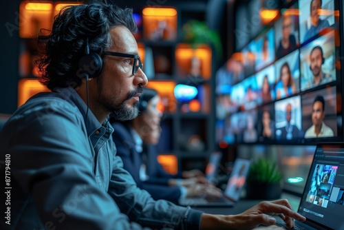 Man With Headphones Working on Laptop During a Video Conference in an Office