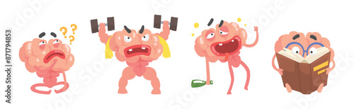 Funny Brain Character Engaged in Different Activity Vector Set