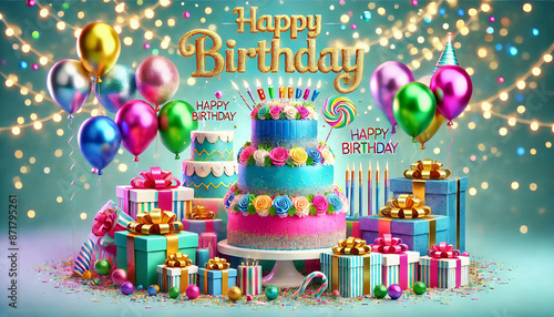 The setting is vibrant and festive, highlighting birthday celebrations with colorful balloons and decorative cards in the background.