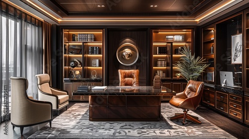 Elegant executive office with leather furniture and illuminated shelves. photo