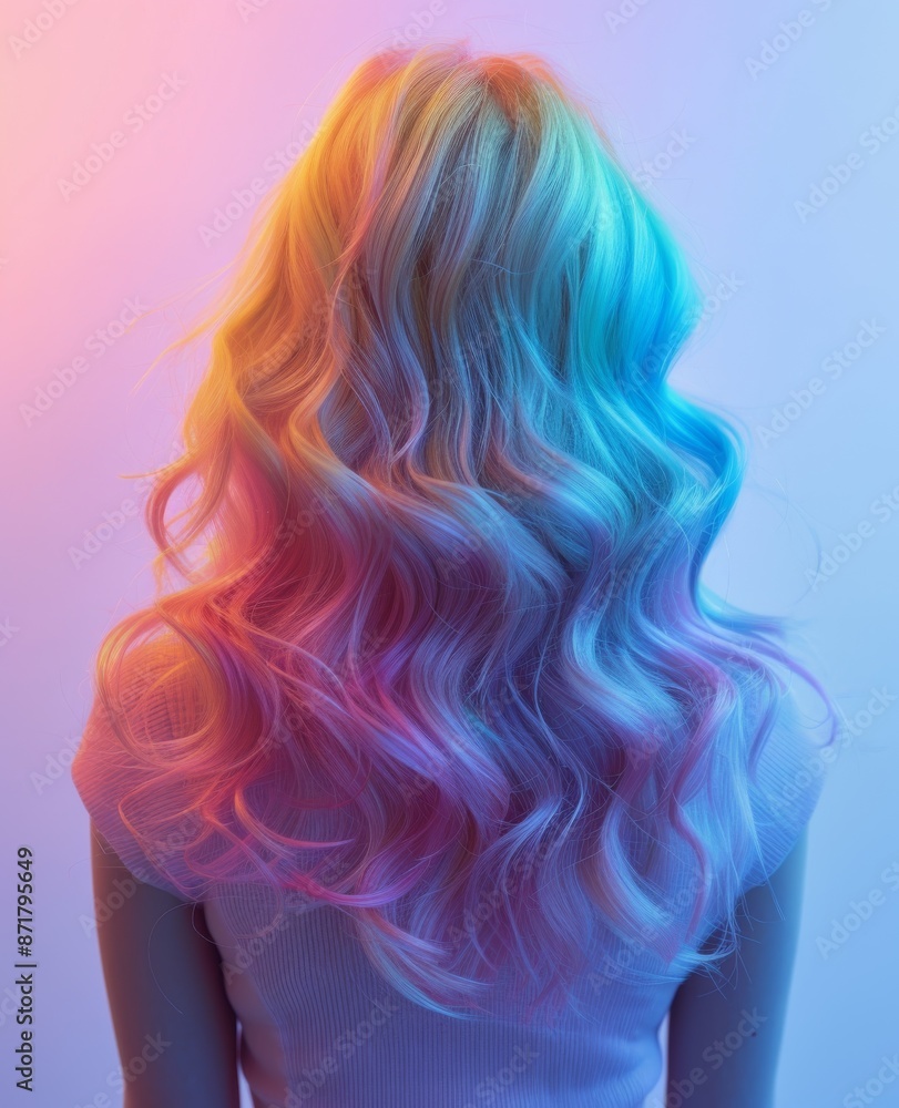 Back view of woman with pastel rainbow colored hair styled in soft wavy curls against gradient background, bright girl hairstyle symbolizing individuality and freedom of expression Back view of woman with pastel rainbow colored hair styled in soft wavy curls against gradient background, bright girl hairstyle symbolizing individuality and freedom of expression