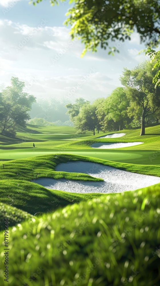 Fototapeta premium A green golf course with sand traps and a lone golfer in the distance